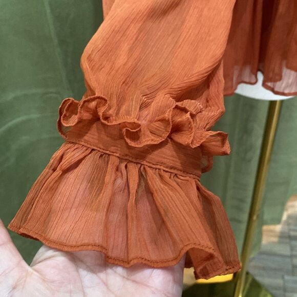 Adam Lippes Orange Cuffed Sleeve Blouse with Mandarin Collar, US0 - Picture 11 of 16